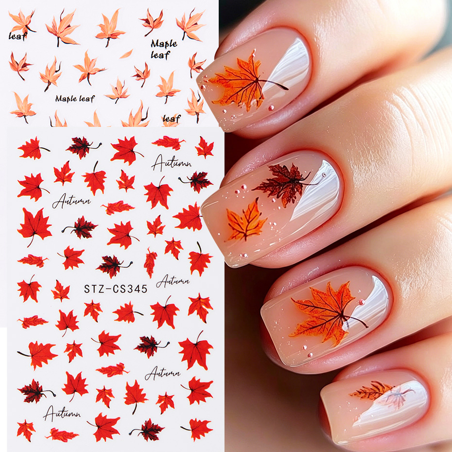 Nail Art Full Design - 2pcs 수채화 오렌지 레드 메이플 리프