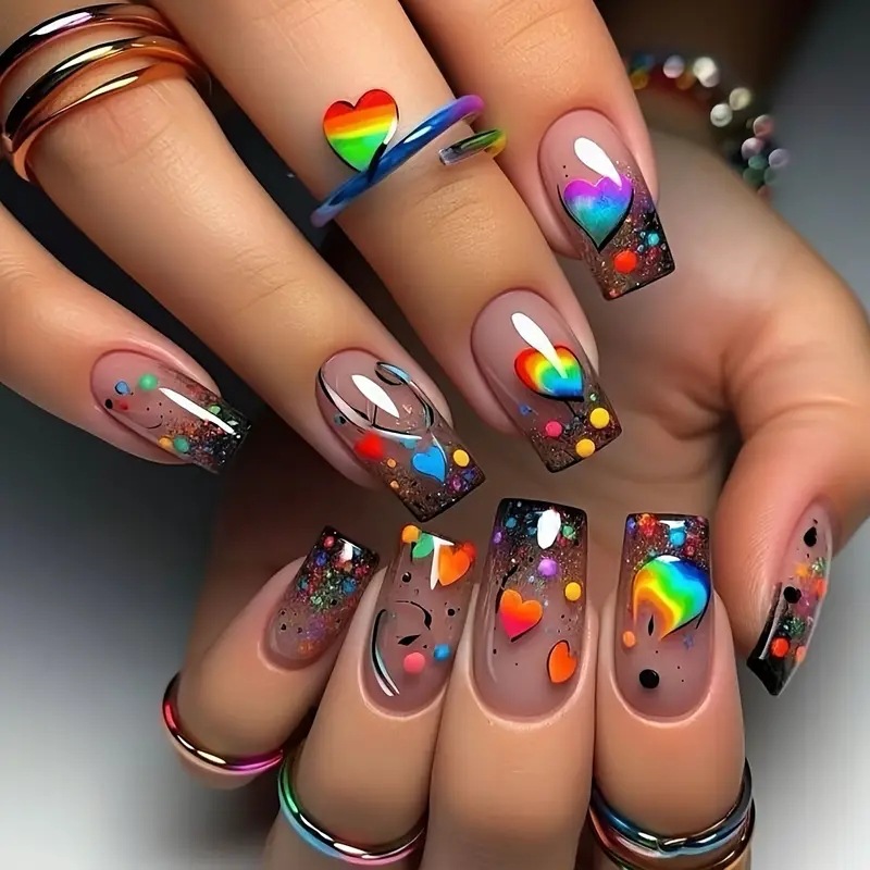 Nail Art Rainbow - 24개입 누드 프레스온 네일 짧은 스퀘어