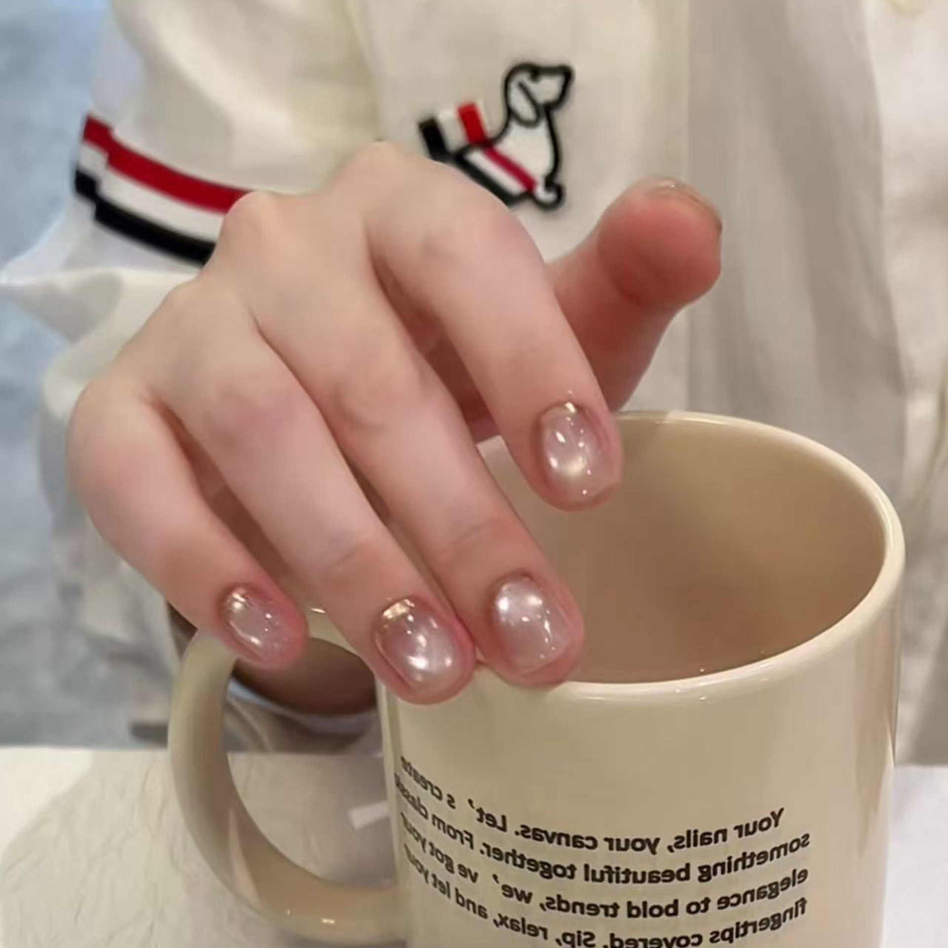 Nail Art Full Cat Eye - 10개 수제 숏 프레스온 네일 누드