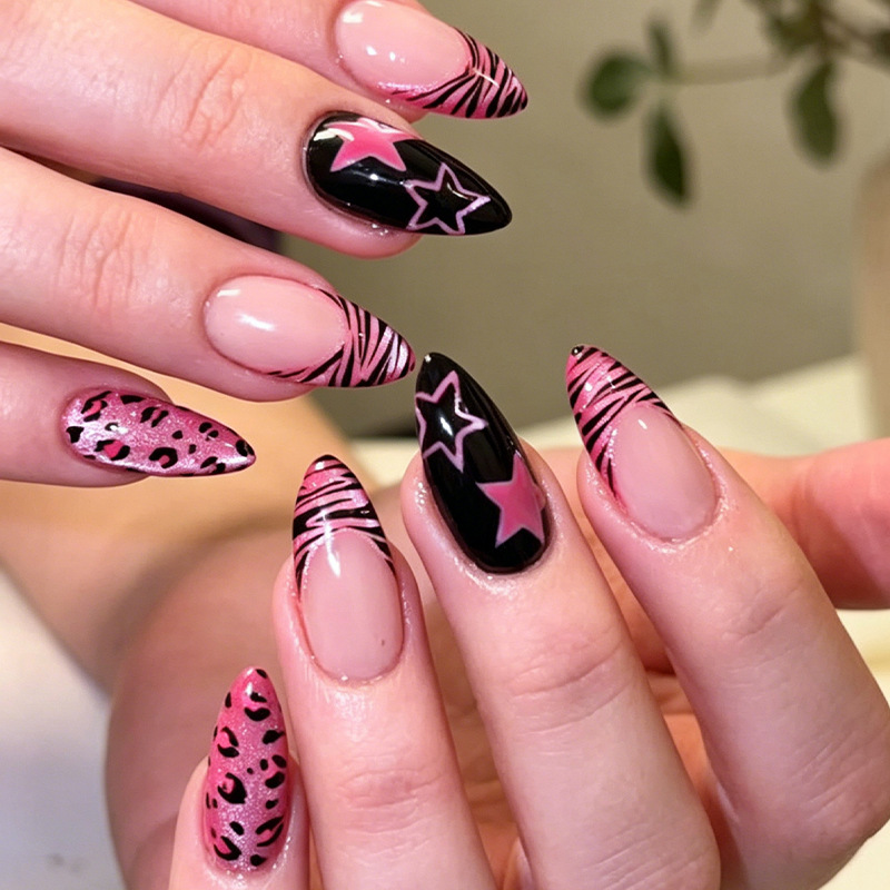 Nail Art Zebra - 24개 Y2K 핑크 지브라 레오파드 프레스온