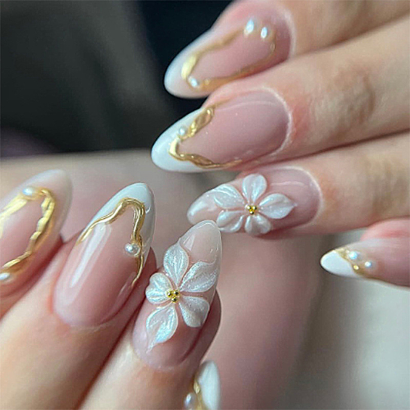 Nail Art Full Design - 24개 꽃무늬 롱 아몬드 프레스온 네일