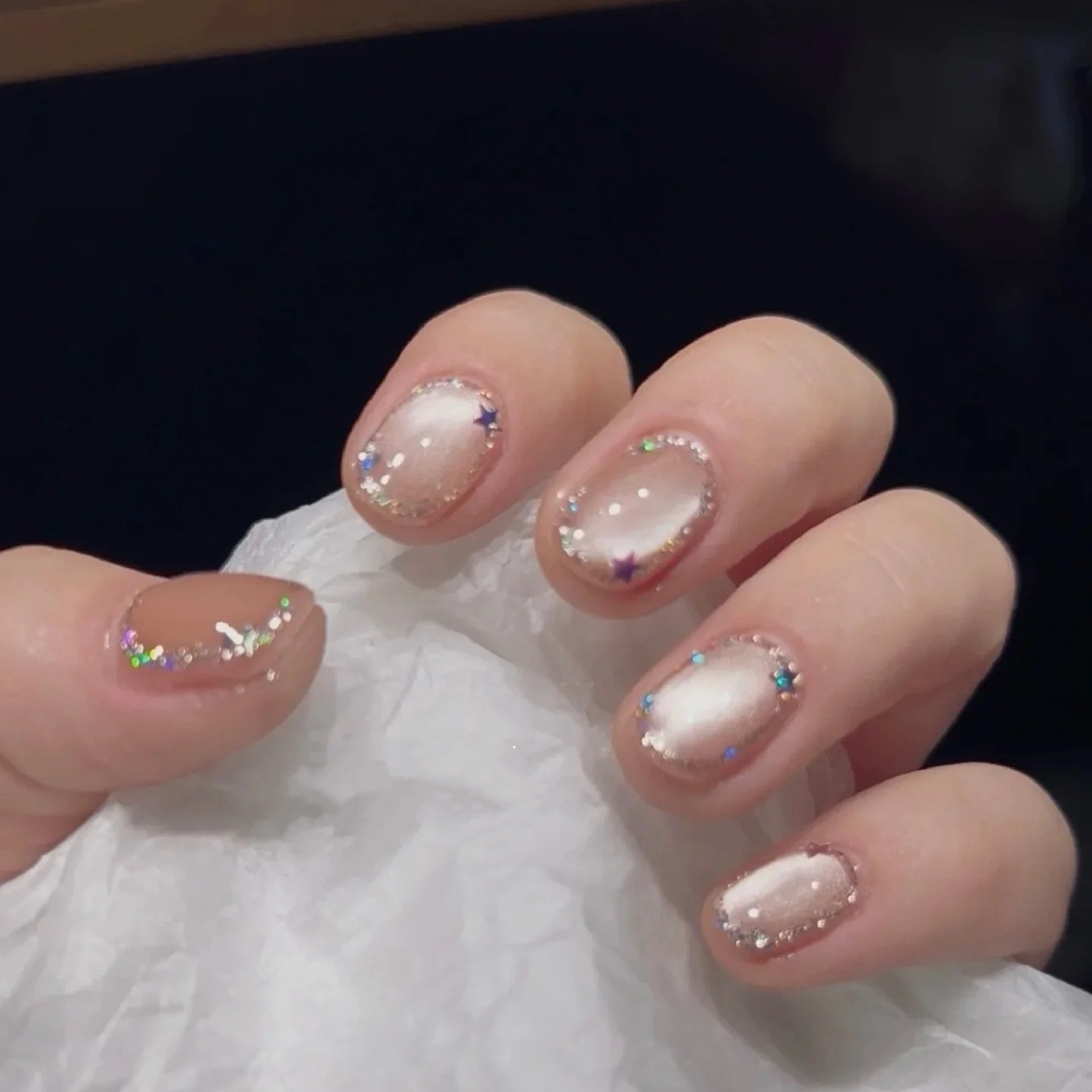 Nail Art Full Cat Eye - 10개 수제 숏 프레스온 네일 누드