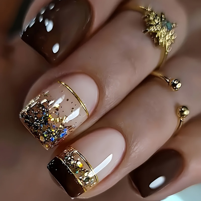 Nail Art Full Design - 여성용 짧은 사각형 가짜 손톱, 광택
