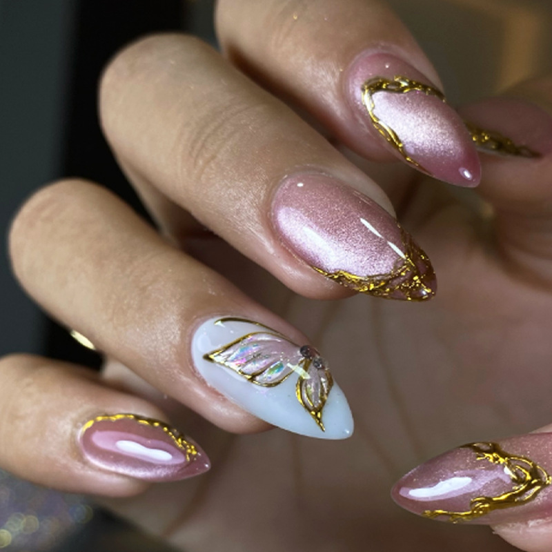 Nail Art Full Cat Eye - 캣아이 아몬드 모양 가짜 손톱 골든