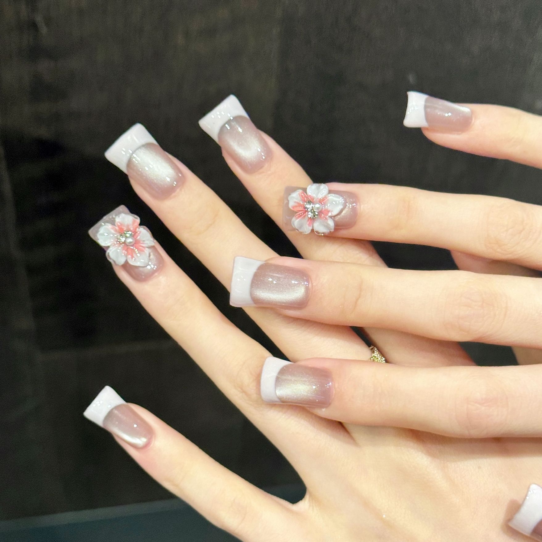 Nail Art Full Cat Eye - 10개 누드 핑크 캣아이 프렌치 핸드메이드