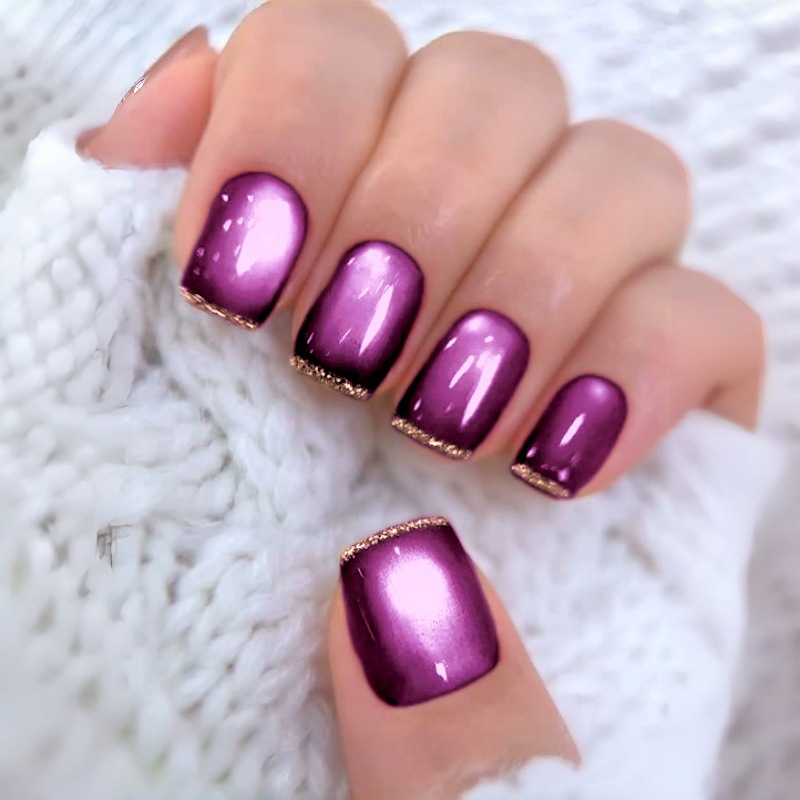 Nail Art Full Cat Eye - 여성용 짧은 사각형 퍼플 글로시 캣아이