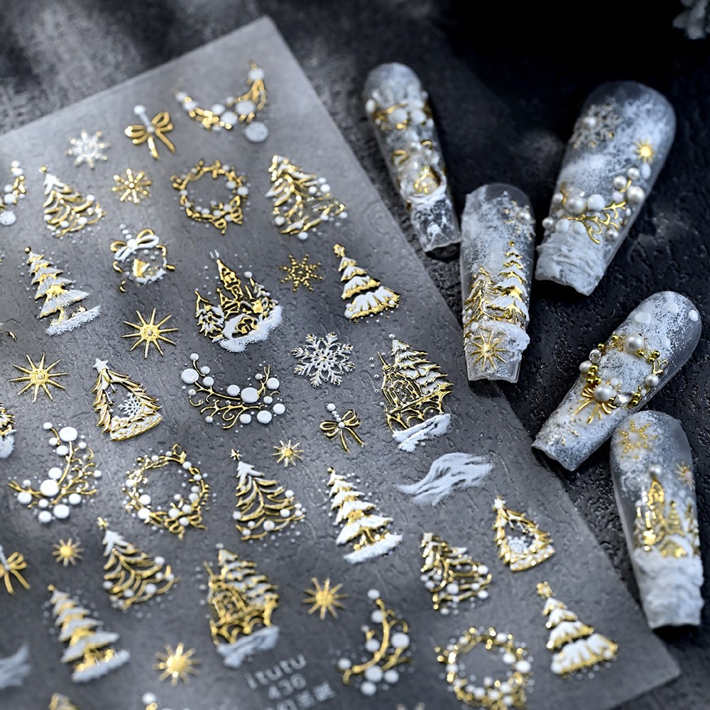 Nail Art Xmas Stickers - 5D 엠보싱 골드 성/가랜드/크리스마스 트리 네일
