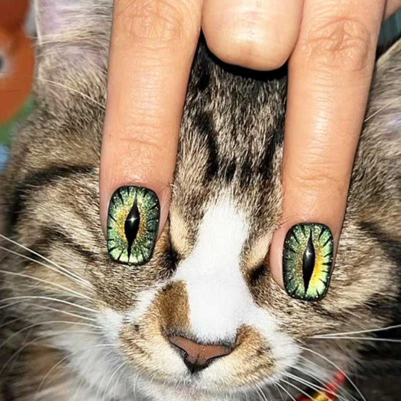 Nail Art Full Cat Eye - 여성용 짧은 가짜 손톱, 반짝이는 캣아이