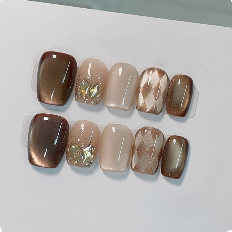 Nail Art Cat Eye - 10개 수제 프레스온 네일 커피 브라운