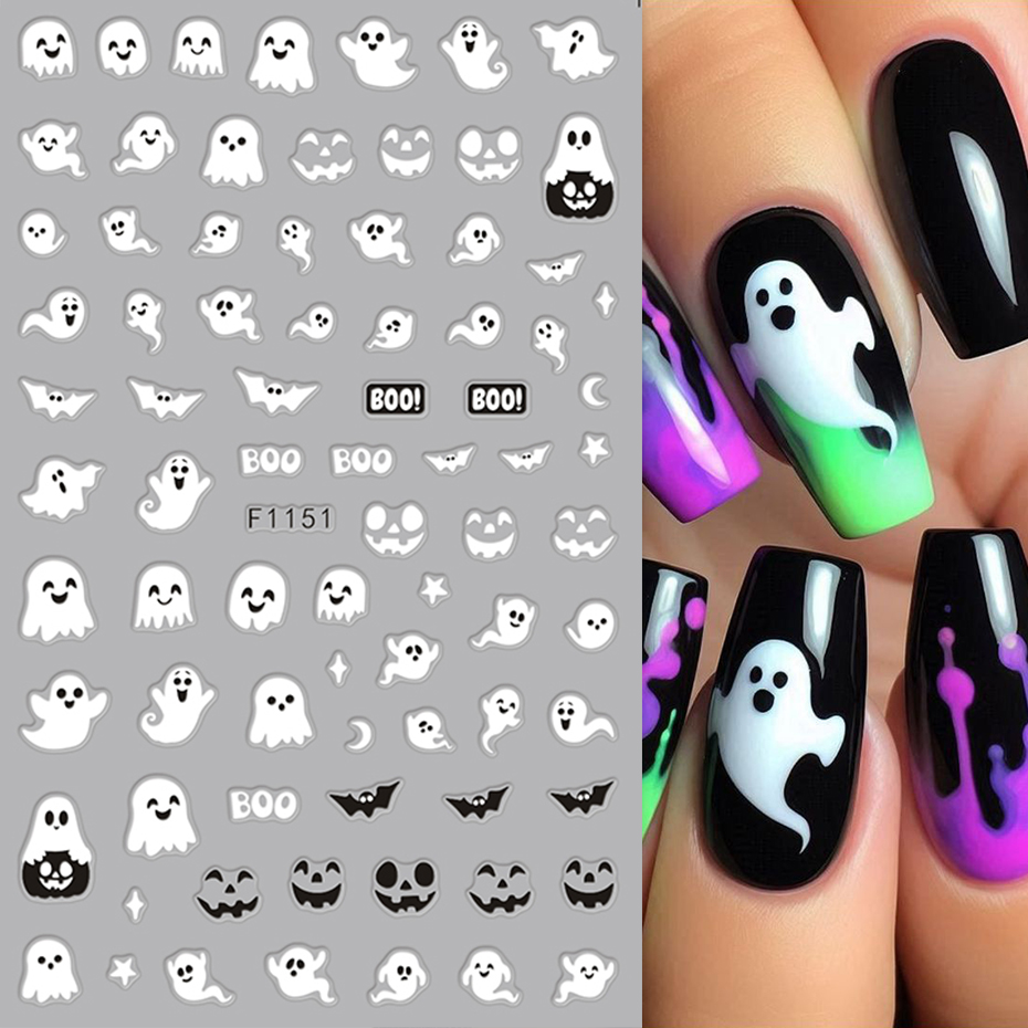 2개 야광 할로윈 무서운 네일 스티커 흰색 유령 호박  - Nail Art Full Design 리뷰 및 가격