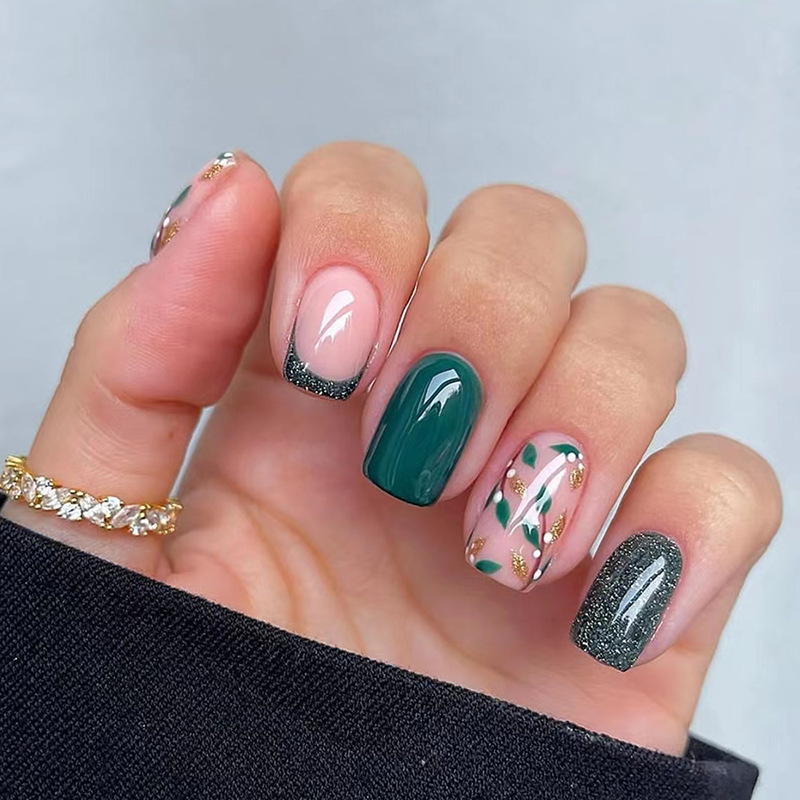 24Pcs 재사용 가능한 가짜 손톱 녹색 잎 디자인으로 - Nail Art Full Design 리뷰 및 가격