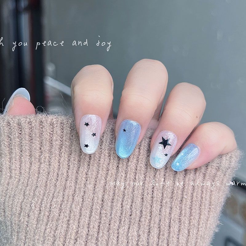 10개입 짧은 라운드 프레스온 네일 블루 화이트 글리터 - Nail Art Cat Eye 리뷰 및 가격