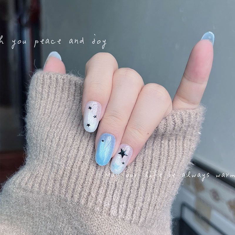 10개입 짧은 라운드 프레스온 네일 블루 화이트 글리터 - Nail Art Cat Eye 리뷰 및 가격