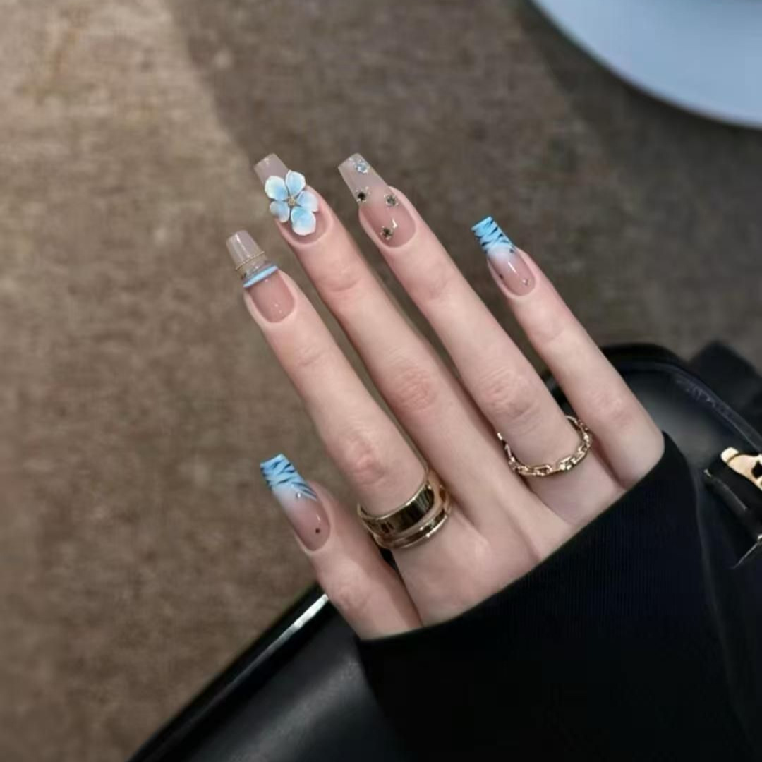 10개 수제 중간 길이 프레스온 네일 블루 지브라 패턴 - Nail Art Zebra 리뷰 및 가격
