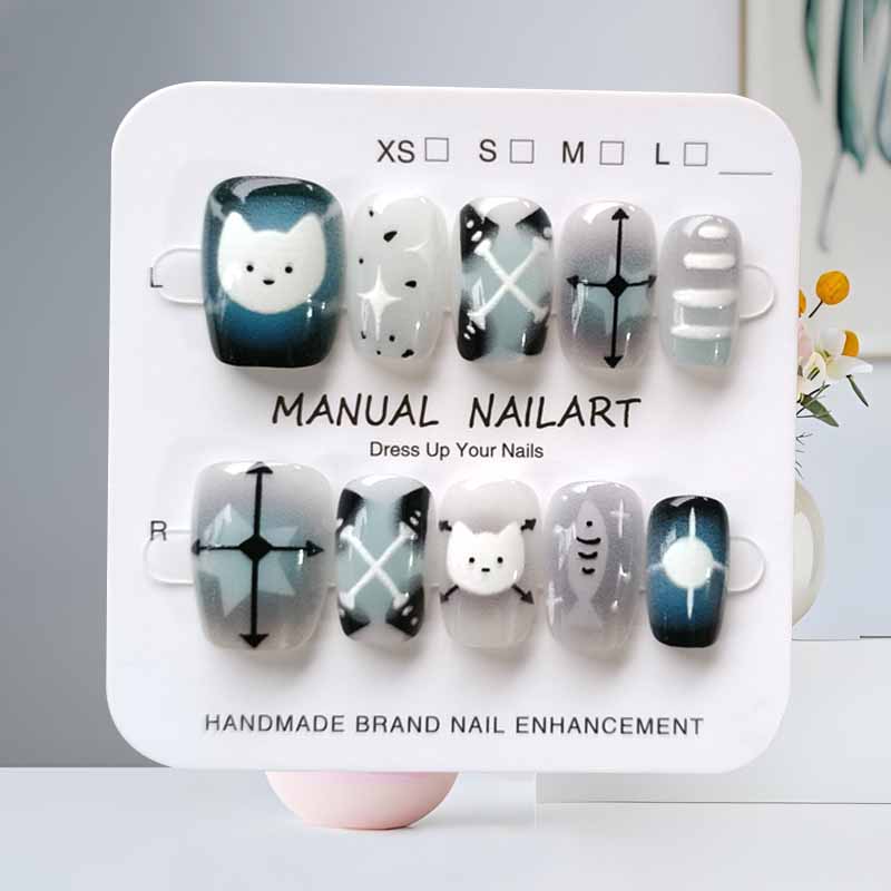 10개 귀여운 만화 검은 고양이 파란색 회색 기하학 수 - Nail Art Cat Eye 리뷰 및 가격