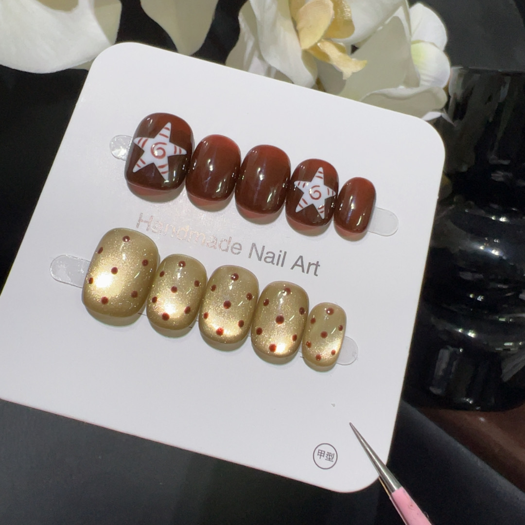 10개 수제 짧은 프레스온 네일 레드 브라운 별 패턴  - Nail Art Full Cat Eye 리뷰 및 가격