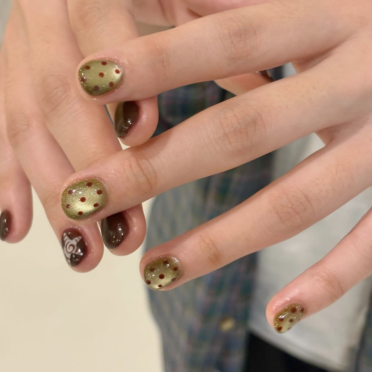 10개 수제 짧은 프레스온 네일 레드 브라운 별 패턴  - Nail Art Full Cat Eye 리뷰 및 가격