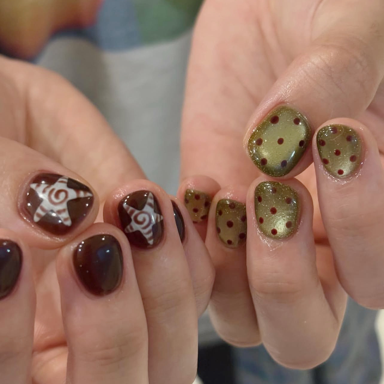 10개 수제 짧은 프레스온 네일 레드 브라운 별 패턴  - Nail Art Full Cat Eye 리뷰 및 가격