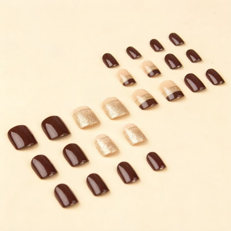 여성용 짧은 사각형 가짜 손톱, 광택 있는 갈색 팁,  - Nail Art Full Design 리뷰 및 가격