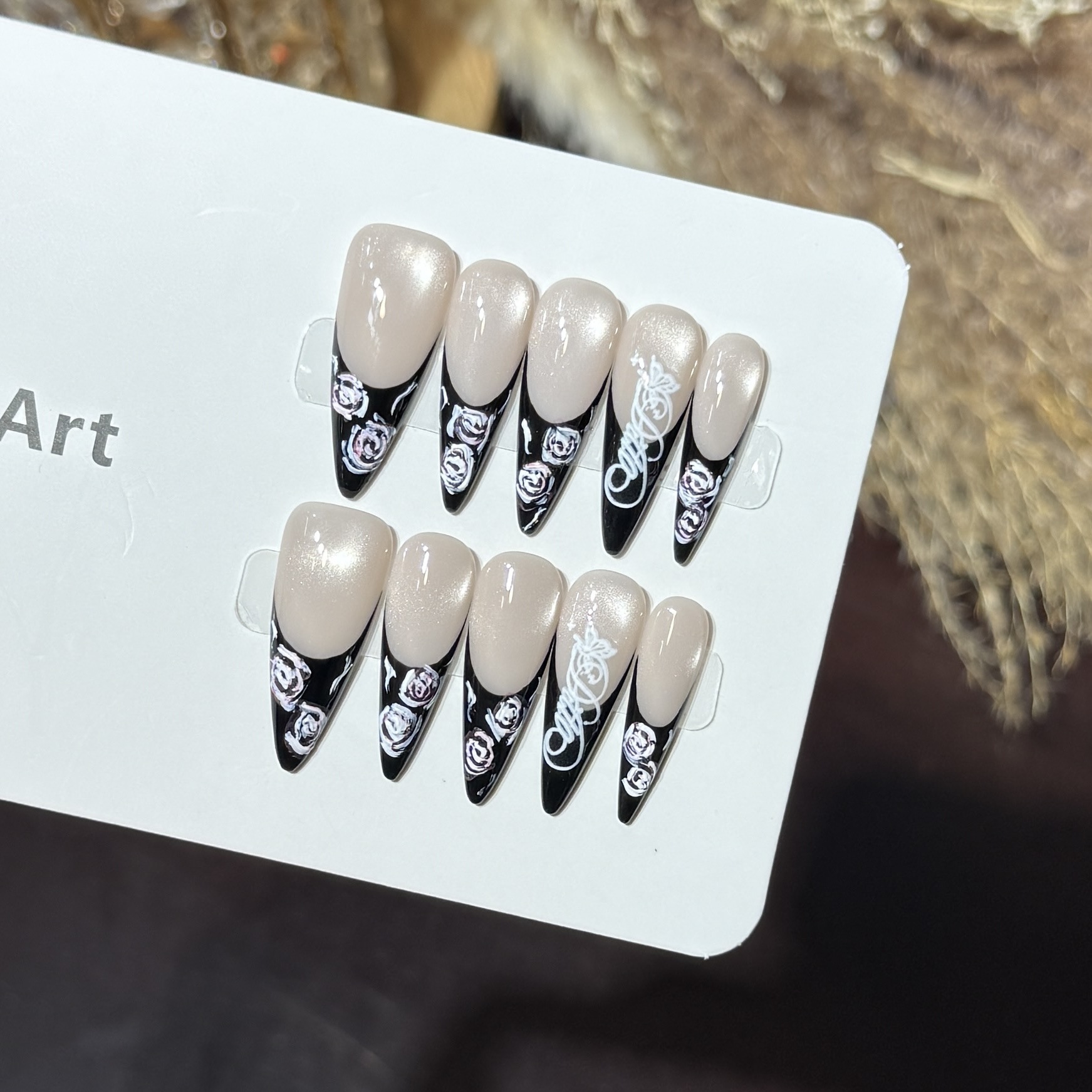 10개 수제 롱팁 프레스온 네일, 캣아이 블랙 프렌치  - Nail Art Full Cat Eye 리뷰 및 가격