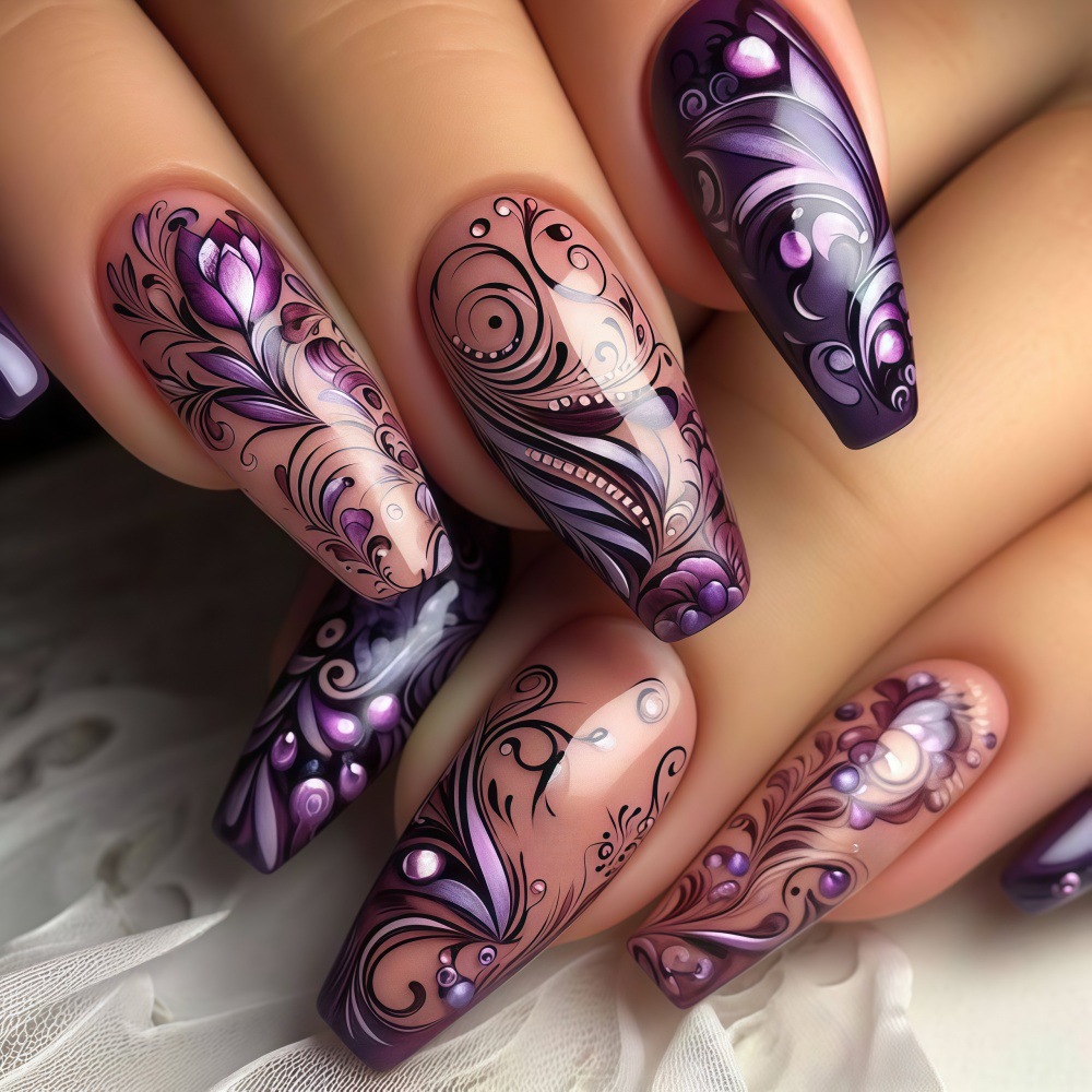여성 및 소녀용 중간 길이의 가짜 손톱, 패션 퍼플 블 - Nail Art Full Design 리뷰 및 가격