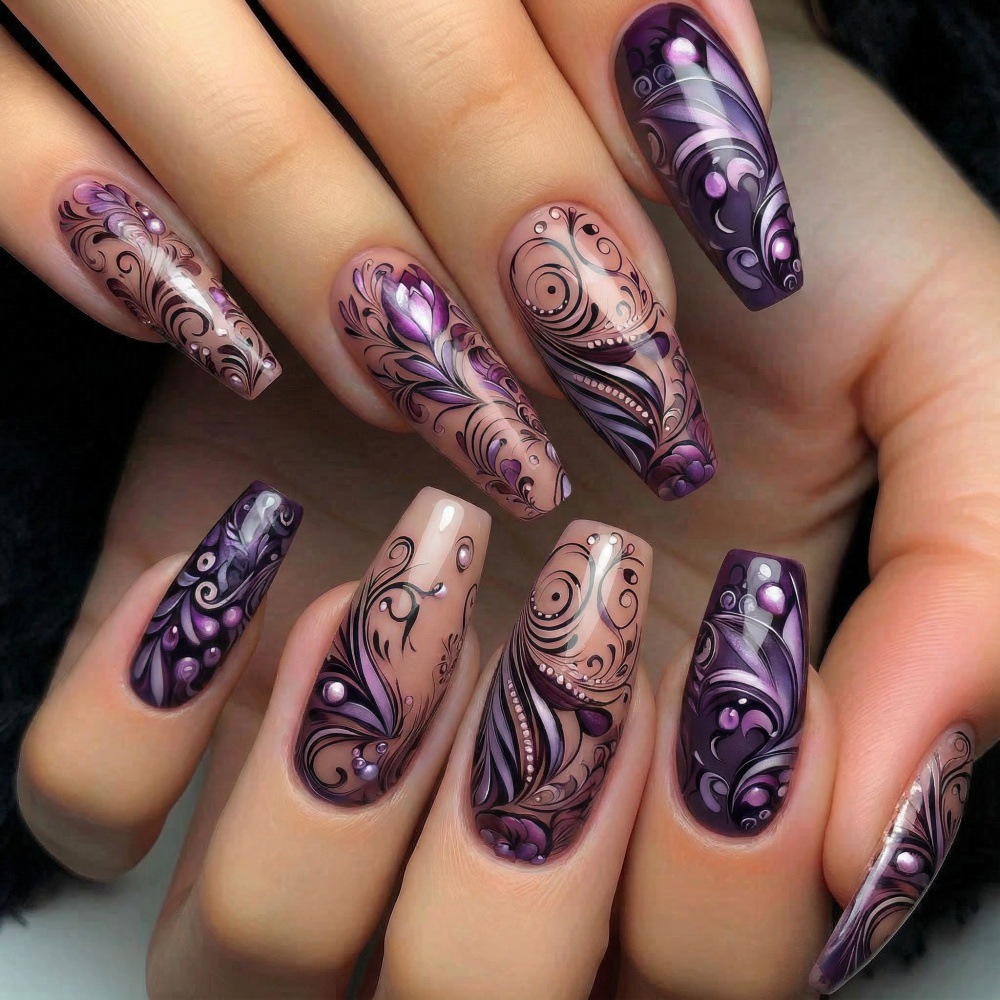 여성 및 소녀용 중간 길이의 가짜 손톱, 패션 퍼플 블 - Nail Art Full Design 리뷰 및 가격