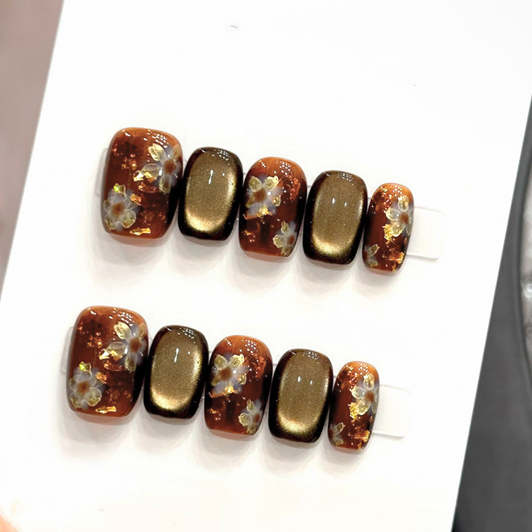 10개 수제 프레스온 네일 커피 브라운 그리드 캣아이  - Nail Art Cat Eye 리뷰 및 가격