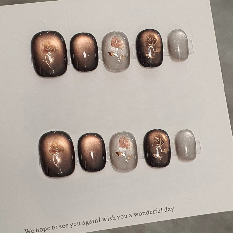 10개 수제 프레스온 네일 커피 브라운 그리드 캣아이  - Nail Art Cat Eye 리뷰 및 가격
